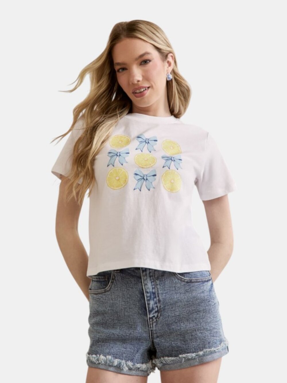 NWT FRANCESCA'S JULIE BOW AND LEMON GRAPHIC TEE WHITE SIZE L